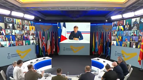 Президент Франции Эммануэль Макрон выступает на Крымской платформе Зеленского в Киеве