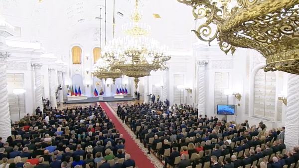 Церемония подписания договоров о включении в состав России четырех бывших регионов Украины