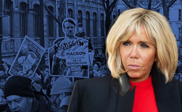 © коллаж Украина.Ру / Брижит Макрон коллаж Первая мадам Франции с лицом Панина. Семь лиц Брижит Макрон на фоне ее мужа