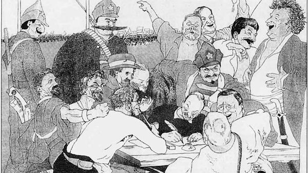 Большевики пишут ответ Керзону. Карикатура из журнала Красный перец. Открытый источник