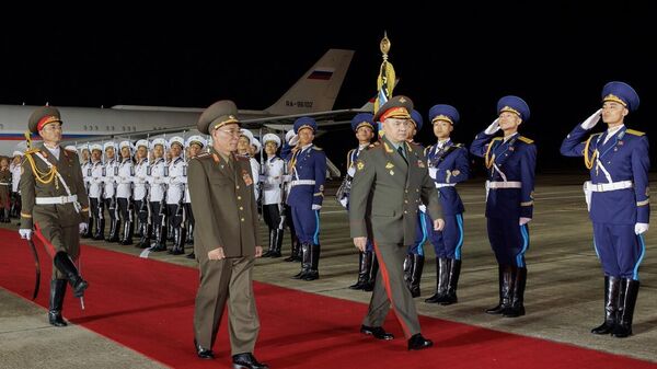 Министр обороны КНДР генерал армии Кан Сун Нам и министр обороны РФ Сергей Шойгу (слева направо) в аэропорту Сунан. 