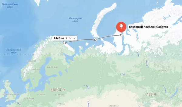 Примерное расстояние по прямой на карте от Мурманска до Арктик СПГ 2