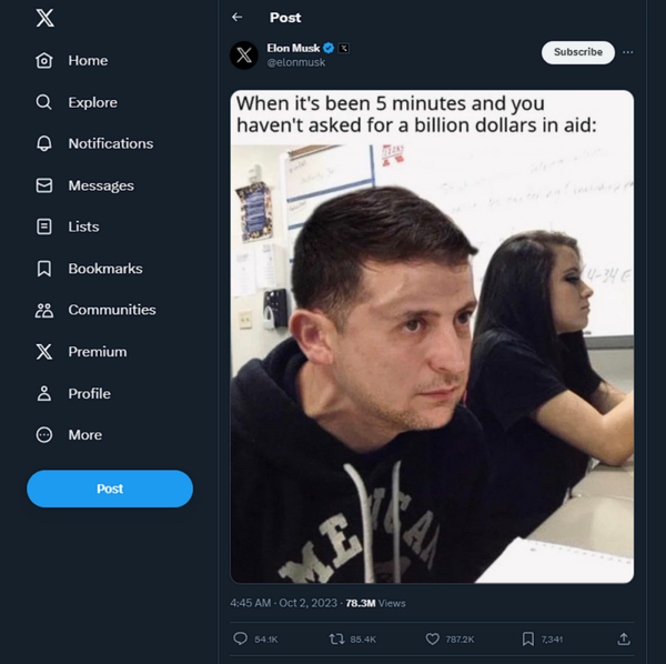 Скрншот страницы соцсети Х Илона Маска, мем с Зеленским 