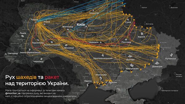 Приблизительную карту движения «Гераней» и ракет этой ночью публикуют вражеские ТГ-каналы