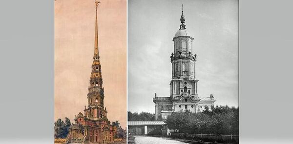 Меншикова башня - первоначальный и современный вид Меншикова башня - первоначальный и современный вид