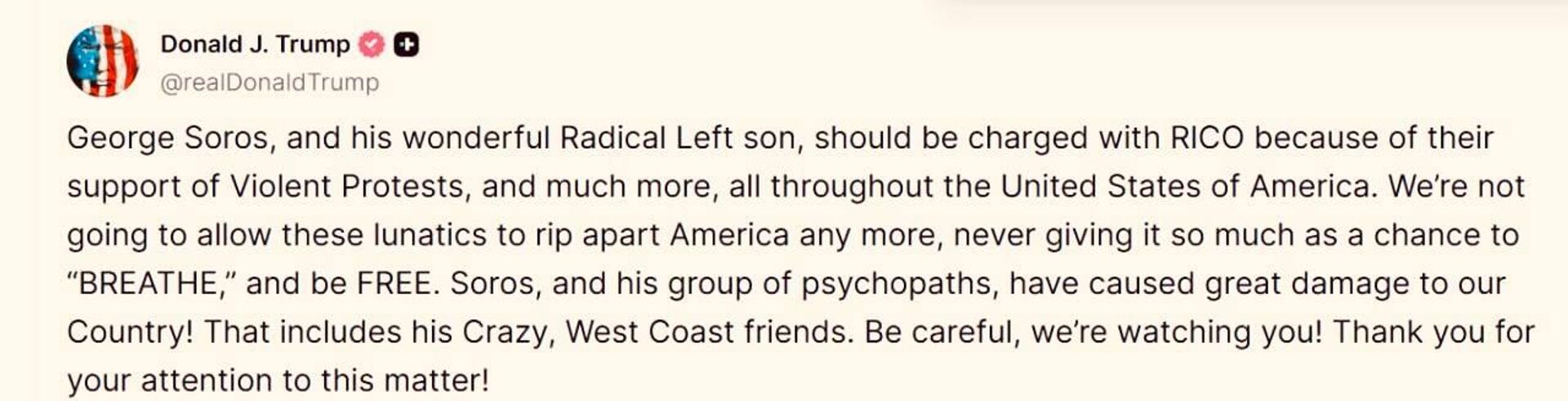 Трамп призвал привлечь к уголовной ответственности Джорджа Сороса и его сына Александра за поддержку насильственных протестов «и многого другого» - РИА Новости, 1920, 27.08.2025