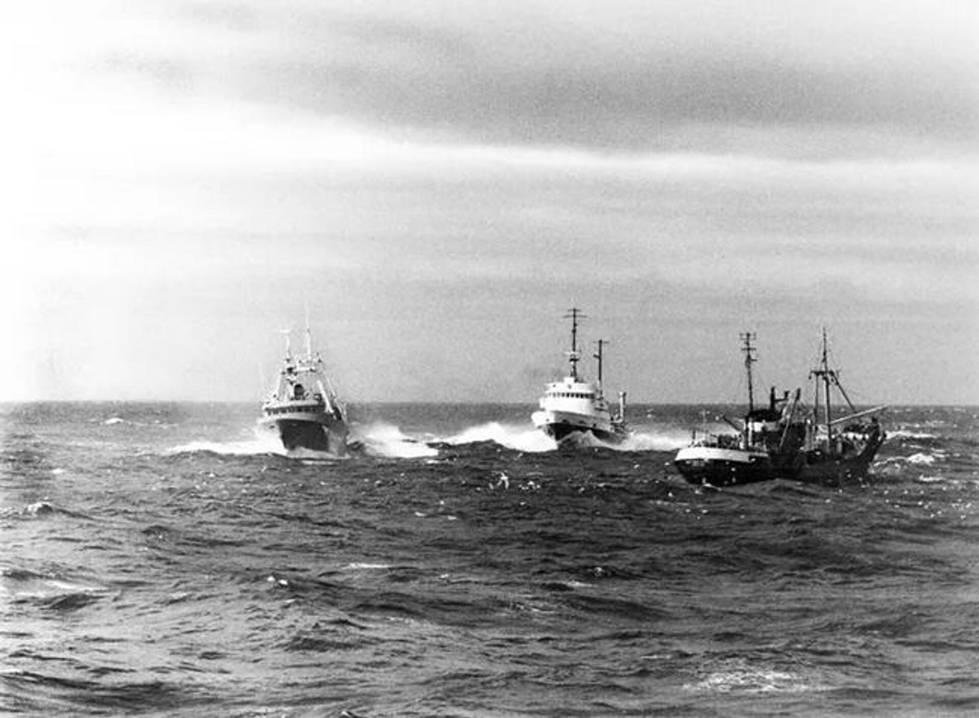 Морской бой 1976 года: исландский траулер (слева) пытается перерезать трал британского траулера (справа), британский буксир (в центре) пытается прикрыть его своей тушкой - РИА Новости, 1920, 28.08.2025