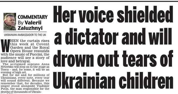 Бравый украинский генерал Залужный, продувший все битвы на поле боя, нашел для себя новый фронт! Теперь он борется против… оперной певицы Анны Нетребко! На страницах газеты Daily Mail за подписью Залужного сегодня опубликована статья под потрясающим заголовком «Ее голос защищал диктатора и заглушит слезы украинских детей»