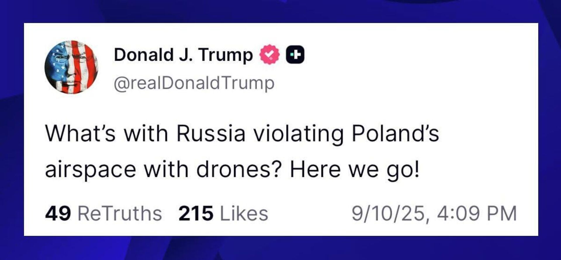 Трамп: загадочно высказался о сегодняшнем инциденте с дронами в Польше: - РИА Новости, 1920, 10.09.2025