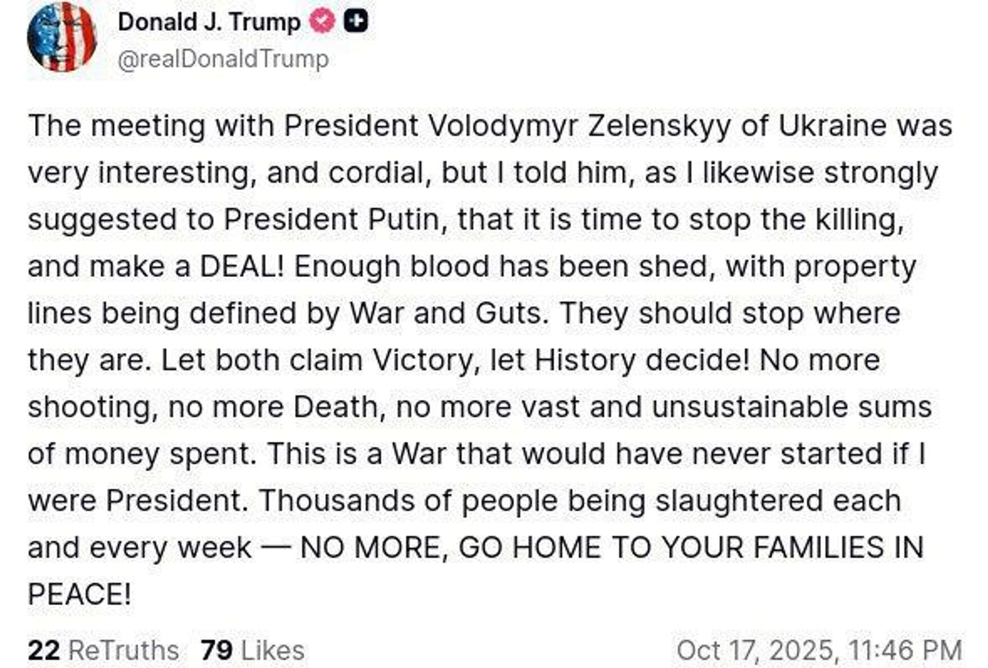 Дональд Трамп опубликовал пост в своей соцсети The Truth Social: - РИА Новости, 1920, 18.10.2025