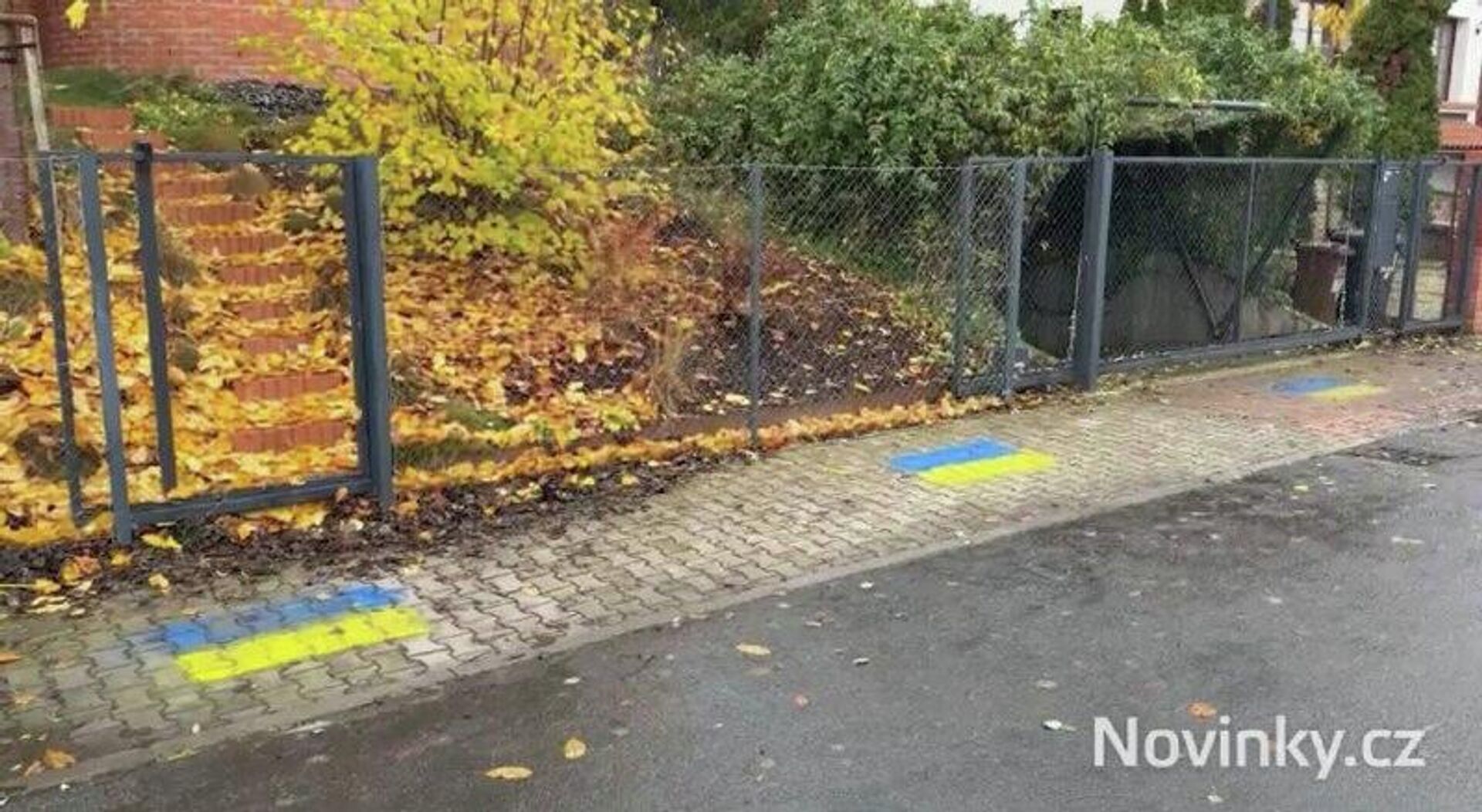 Украинцы в Чехии нарисовали свои флаги на тротуаре у дома спикера парламента и завесили флагами его забор - РИА Новости, 1920, 18.11.2025