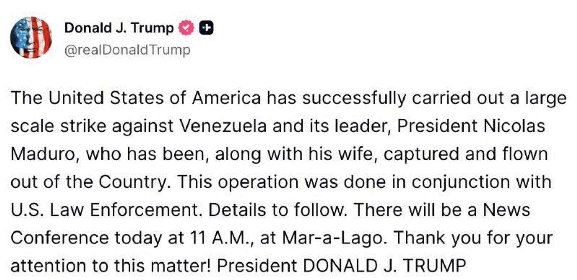 США успешно провели крупномасштабную операцию против Венесуэлы и ее лидера, Мадуро, который вместе со своей женой был схвачен и вывезен из страны, – Трамп - РИА Новости, 1920, 03.01.2026