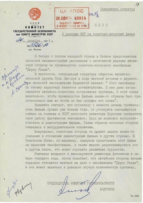 Докладная записка председателя КГБ Юрия Андропова о реакции на съёмки фильма Дерсу Узала 