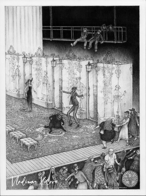 Сцена открытия Дамского Магазина в театре Варьяте Коровьевым-Фаготом и Бегемотом из романа М.А. Булгакова Мастер и Маргарита