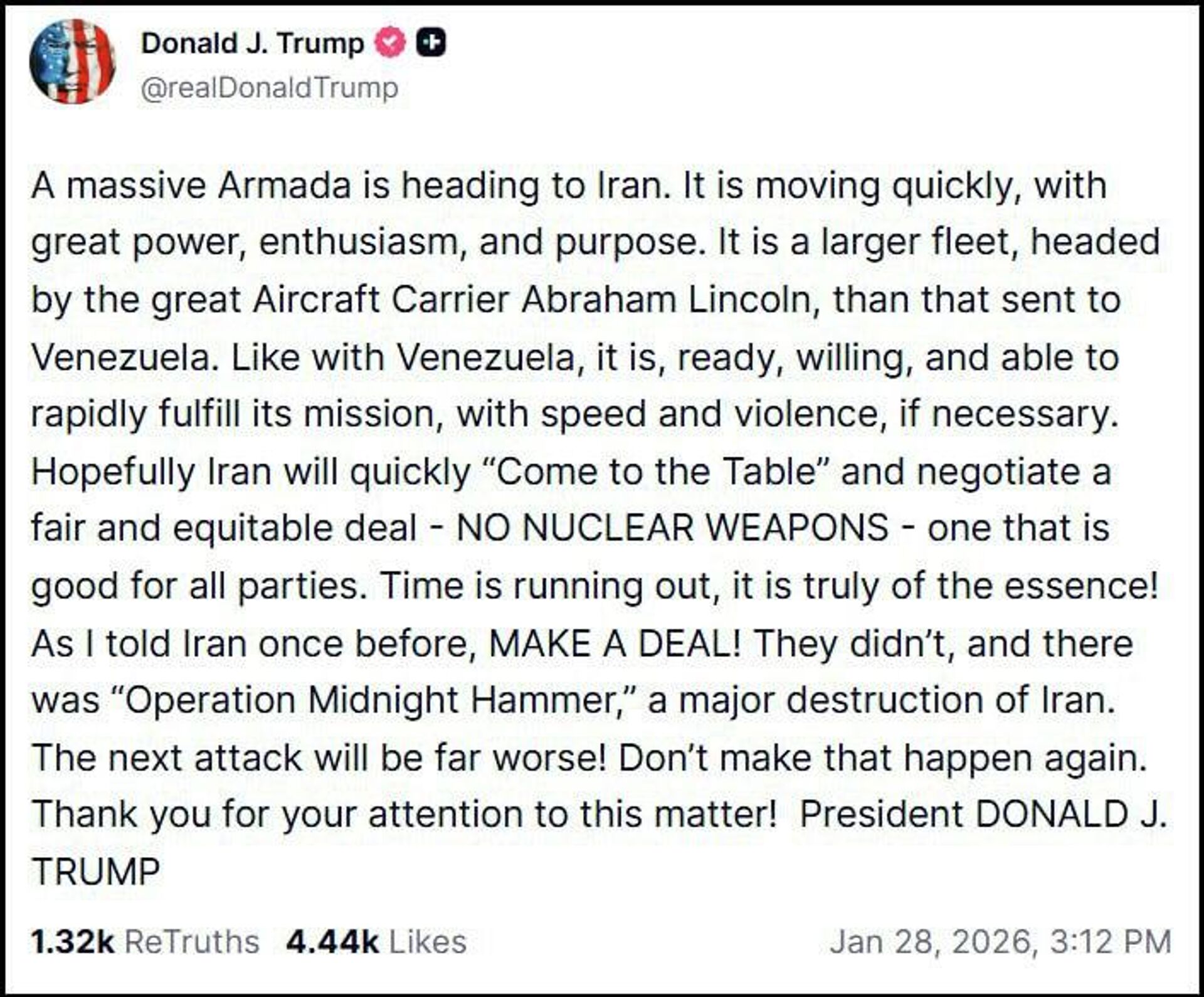 Трамп в своей соцсети потребовал от Ирана отказаться от ядерного оружия и пригрозил более мощными ударами, чем в прошлом году - РИА Новости, 1920, 28.01.2026