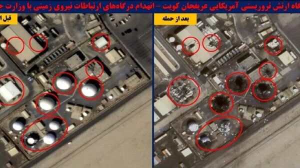Заявляется, что на спутниковых снимках запечатлена база «Арифджан» в Кувейте до и после иранских ударов по ней