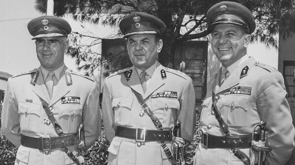 Чёрные полковники: Стилианос Паттакос, Георгиос Пападопулос, Николаос Макарезос. 1962 год