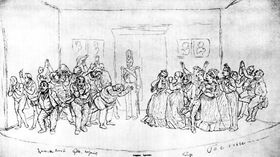 Ревизор. Немая сцена. Рисунок неизвестного художника 1830-х годов приписываемый Гоголю