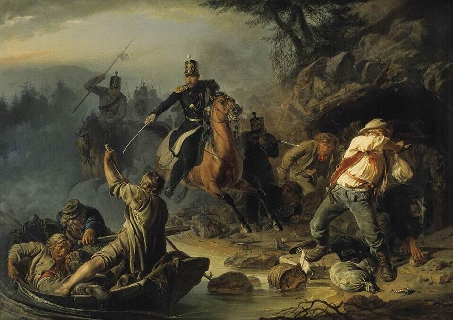 Василий Худяков Стычка с финляндскими контрабандистами, 1853 год, ГТГ (одна из первых картин в коллекции П. Третьякова) - РИА Новости, 1920, 03.05.2026
