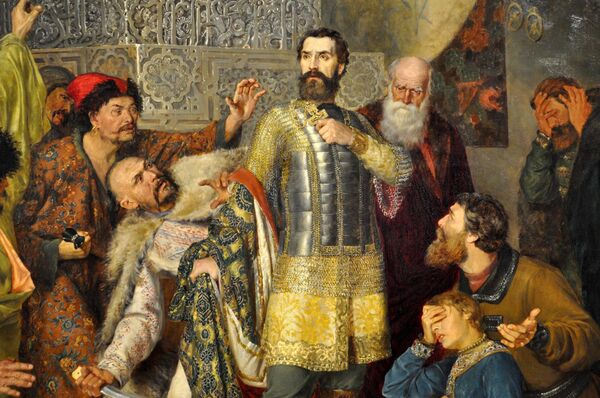 Смирнов Василий Князь Михаил Черниговский перед ставкой Батыя (фрагмент), 1883 год, ГТГ Смирнов Василий Князь Михаил Черниговский перед ставкой Батыя (фрагмент), 1883 год, ГТГ