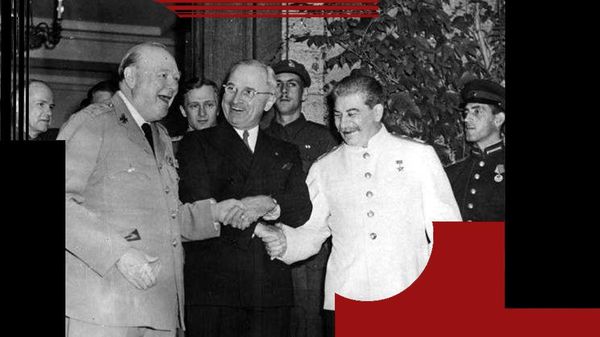 Уинстон Черчилль, Гарри Трумэн и Иосиф Сталин на Потсдамской конференции, 25 июля 1945 года