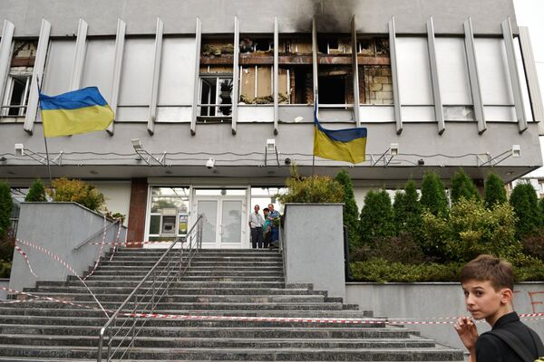 Последствия пожара в здании телеканала Интер в Киеве