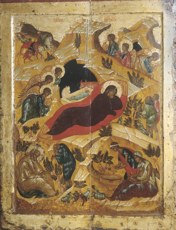 Репродукция иконы работы мастеров школы А.Рублева Рождество Христово