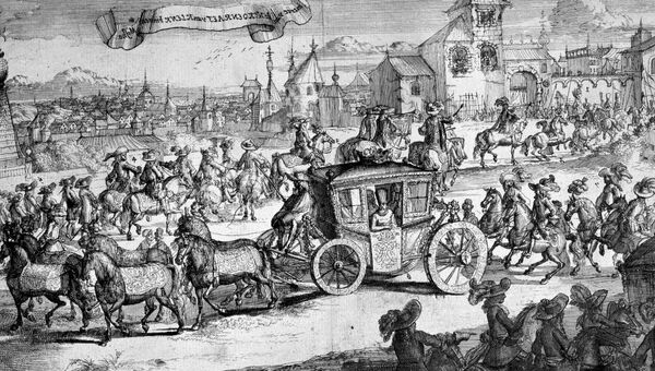 Репродукция гравюры Въезд посольства Ван Кленка в Москву. 1665 год