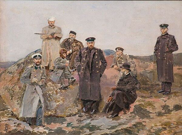 Групповой портрет Саввы Мамонтова с путейцами. Картина Михаила Врубеля. 1891 год В центре — Сергей Витте.