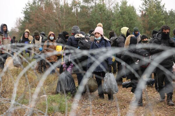 мигранты КПП лесополоса дым нелегалы толпа горизонталь беженцы граница Белоруссия Польша